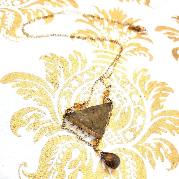 Brown triangle druzy gold citrine 18k gold filled smokey quartz Fall necklace - Picture 2 of 7